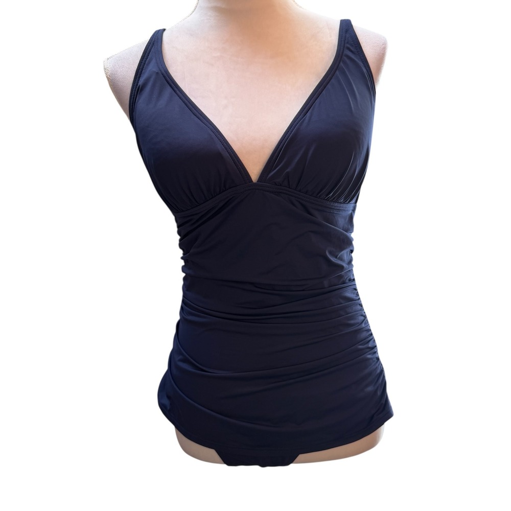 Tommy Bahama Pearl V-Neck Shirred One Piece Swim Navy Blue TSW52233P Women‎ 14